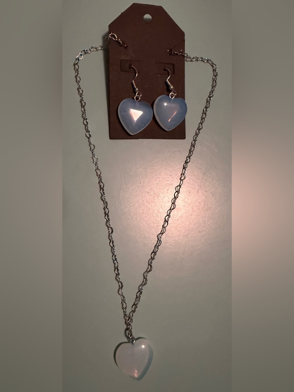 Delicate Opalite Heart Pendant Necklace & Earring Set - Tiny Heart Silver Chain